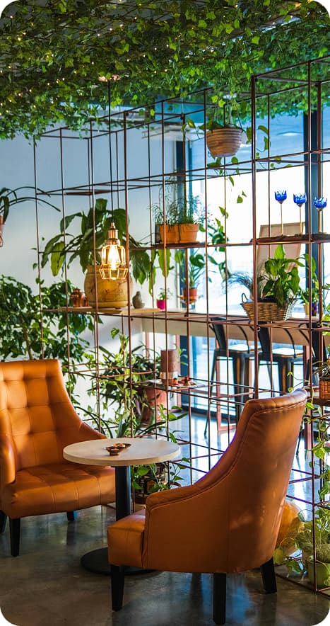 Green Indoor Garden with Orange Chairs